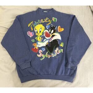 VTG Looney Tunes Tweety Sylvester Sweatshirt XL 90s Love Heart Graffiti USA Made